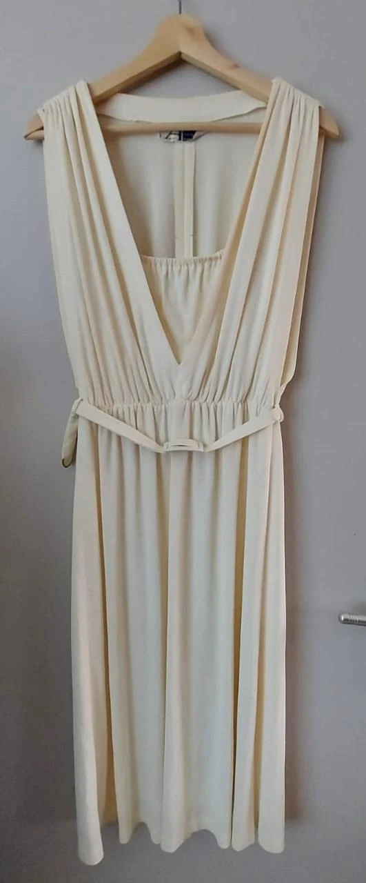 Crèmekleurige vintage jurk met V-hals, maat 40